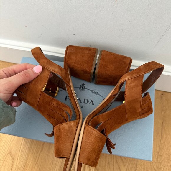 Prada Fringe Slingback Sandals Brown Suede Leather Chunky Block Heels Size 39 - Picture 12 of 13